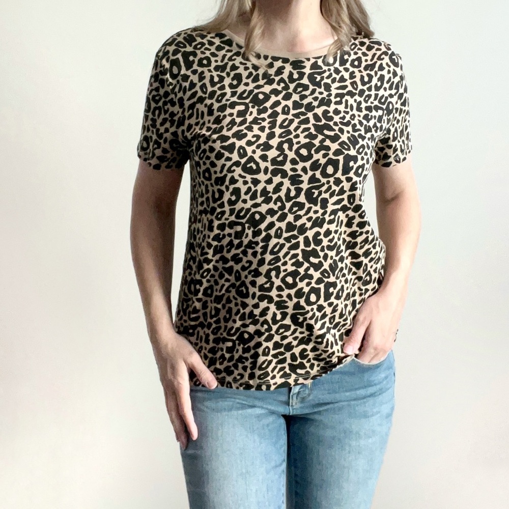 ZARA 100% Cotton Black and Tan Leopard Print tee size Small